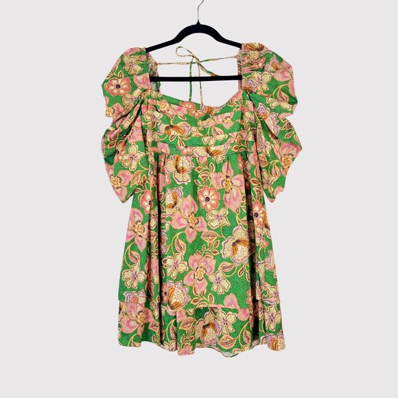 Misa Dress Green Kate Mini Ruched Puffed Floral Pintuck Tie Back A Line Boho XS - Picture 2 of 13